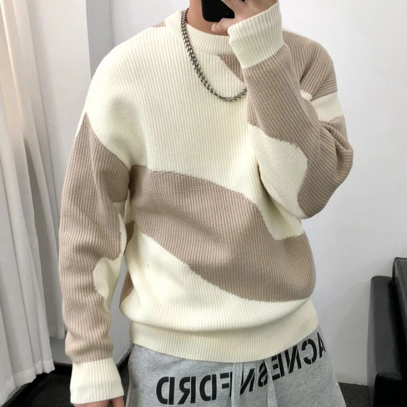 Man Clothes Round Collar Pullovers Knitted Sweaters for Men Crewneck Color Matching Black Cigaret Casual Korean Style Jumpers S 241224