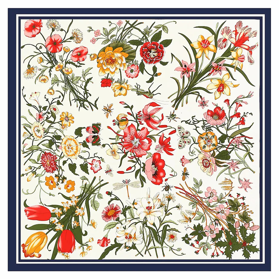 130cm Twill Silk Scarf Women Bandana Square Scarf Floral Kerchief Scarves For Ladies Fashion Shawl Echarpe 241225