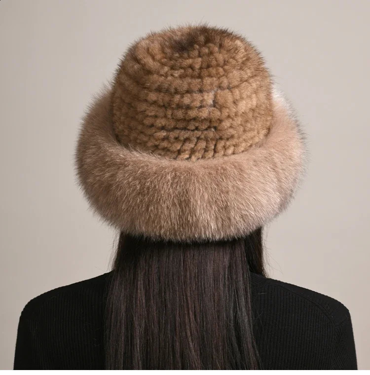 Genuine Real Natural Knitted Mink Fur Hat Cap Women Handmade Knit Fashion Winter Headwear Warm Real Fox Fur Beanies241224