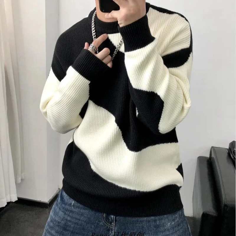 Man Clothes Round Collar Pullovers Knitted Sweaters for Men Crewneck Color Matching Black Cigaret Casual Korean Style Jumpers S 241224