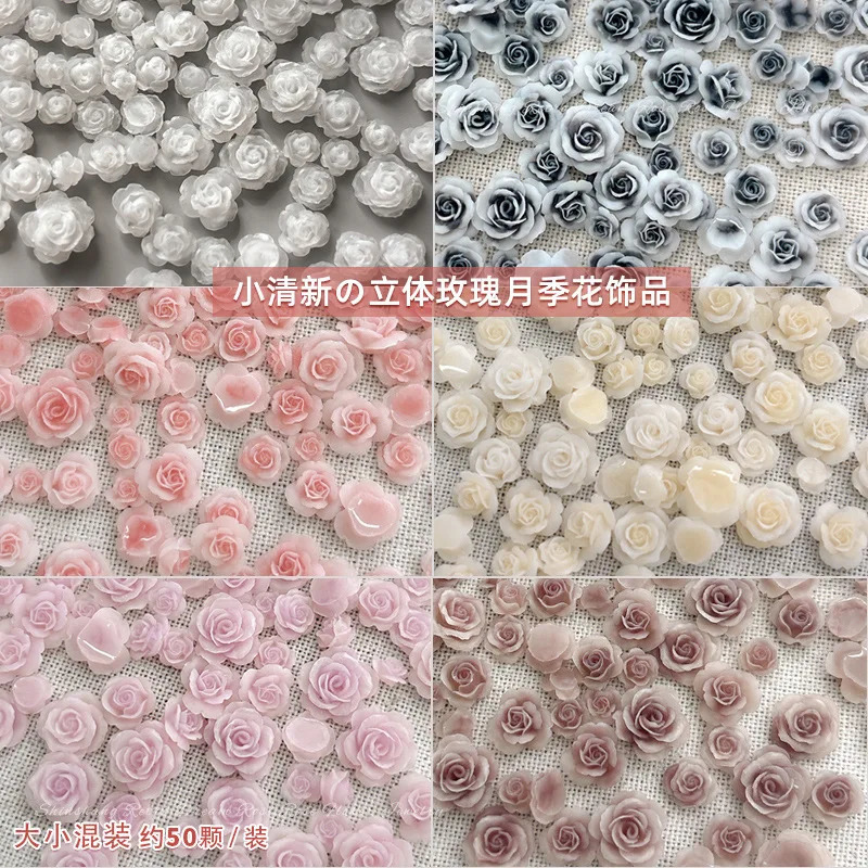 50PCS 3D Mix Sizes Beautiful Blossoming Rose Flowers Resin Adhesive Nail Art Rhinestones Decorations Manicure Kawaii Charms 241225