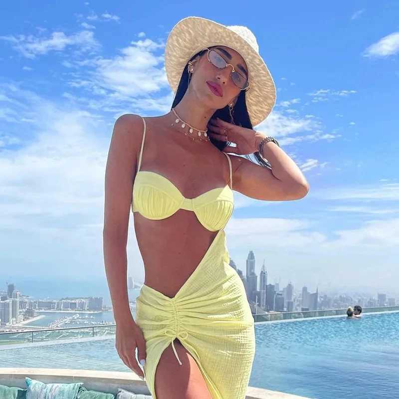 2024 pleated asymmetrical hollow yellow beach dress Midi beach cover womens swimsuit bikini Tunic beach suit Biquini womens setW241225