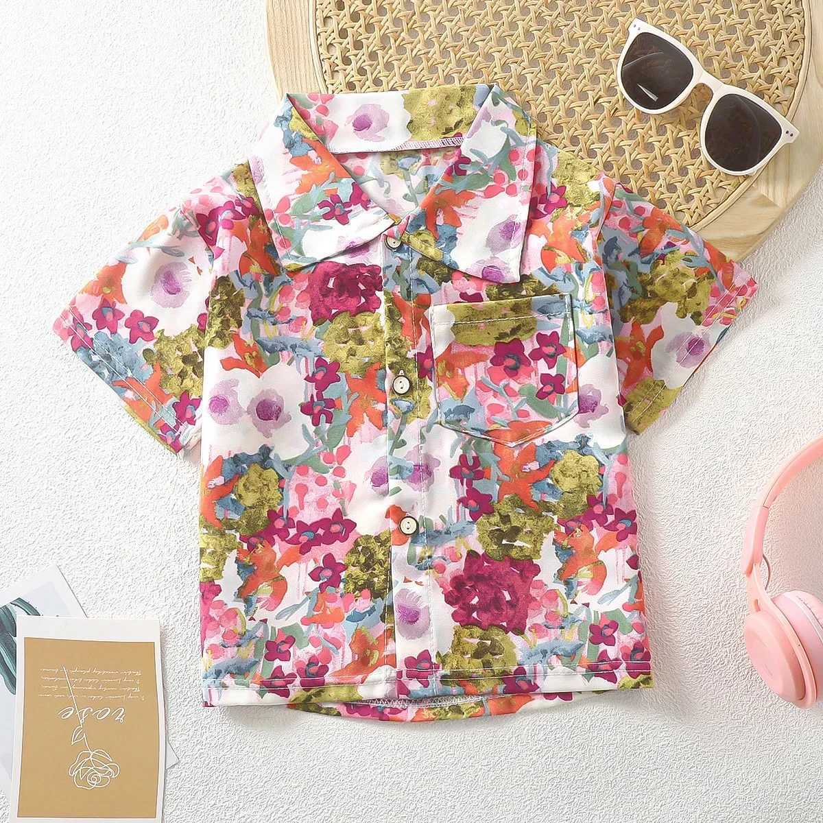 Childrens Shirt 3D Short Sleeve 2024 Summer Boys Girls lapel Top Baby Printed shirt Fashion Rose soft stretchXJ241225