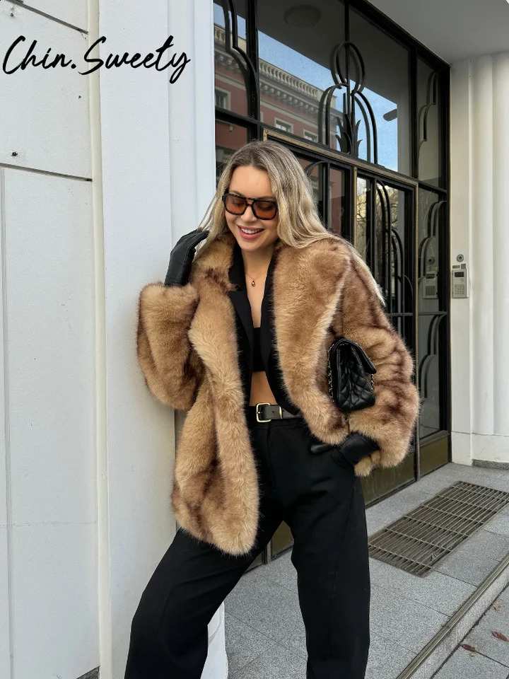 Street Faux Fur Women Coat Urban Full Sleeve Lapel Panelled Pocket Female Outwear 2024 Autumn Winter Elegant Lady 241223