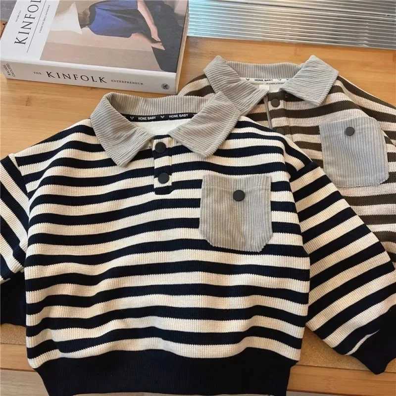 Boys Plush Sweater Autumn and Winter New Baby Long Sleeved POLO Shirt Korean Striped Childrens Winter ClothesXJ241225