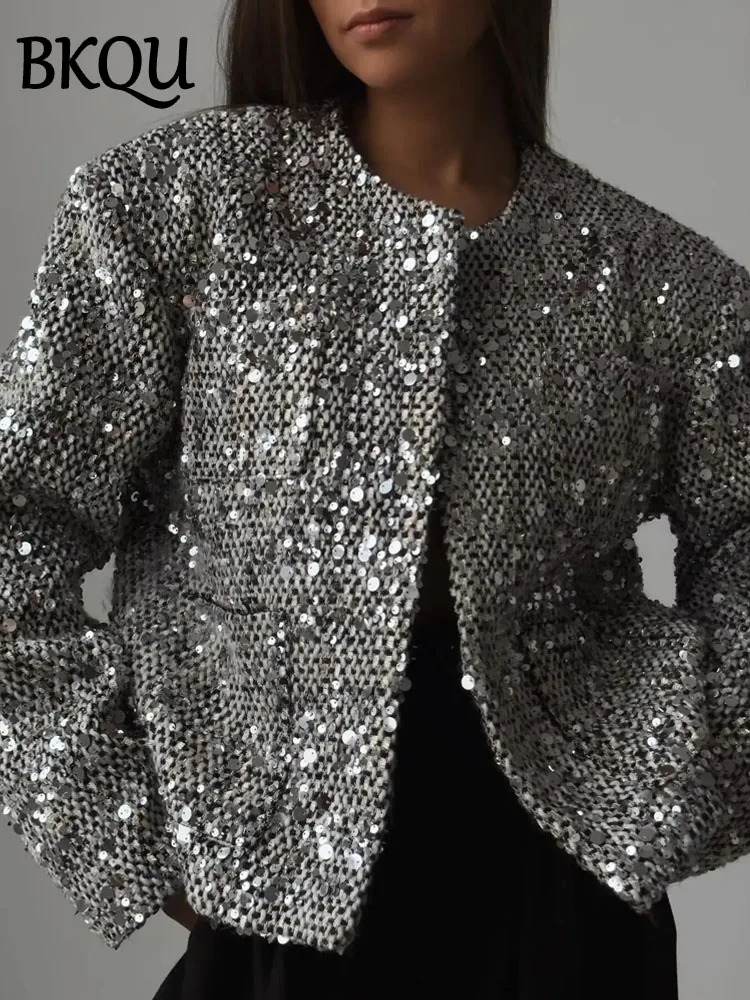 BKQU Fashion Sequin Cropped Jacket Women Autumn Winter Tweed Warm Elegant O-Neck Long Sleeve Female Coats Y2k High Streetwear 241223