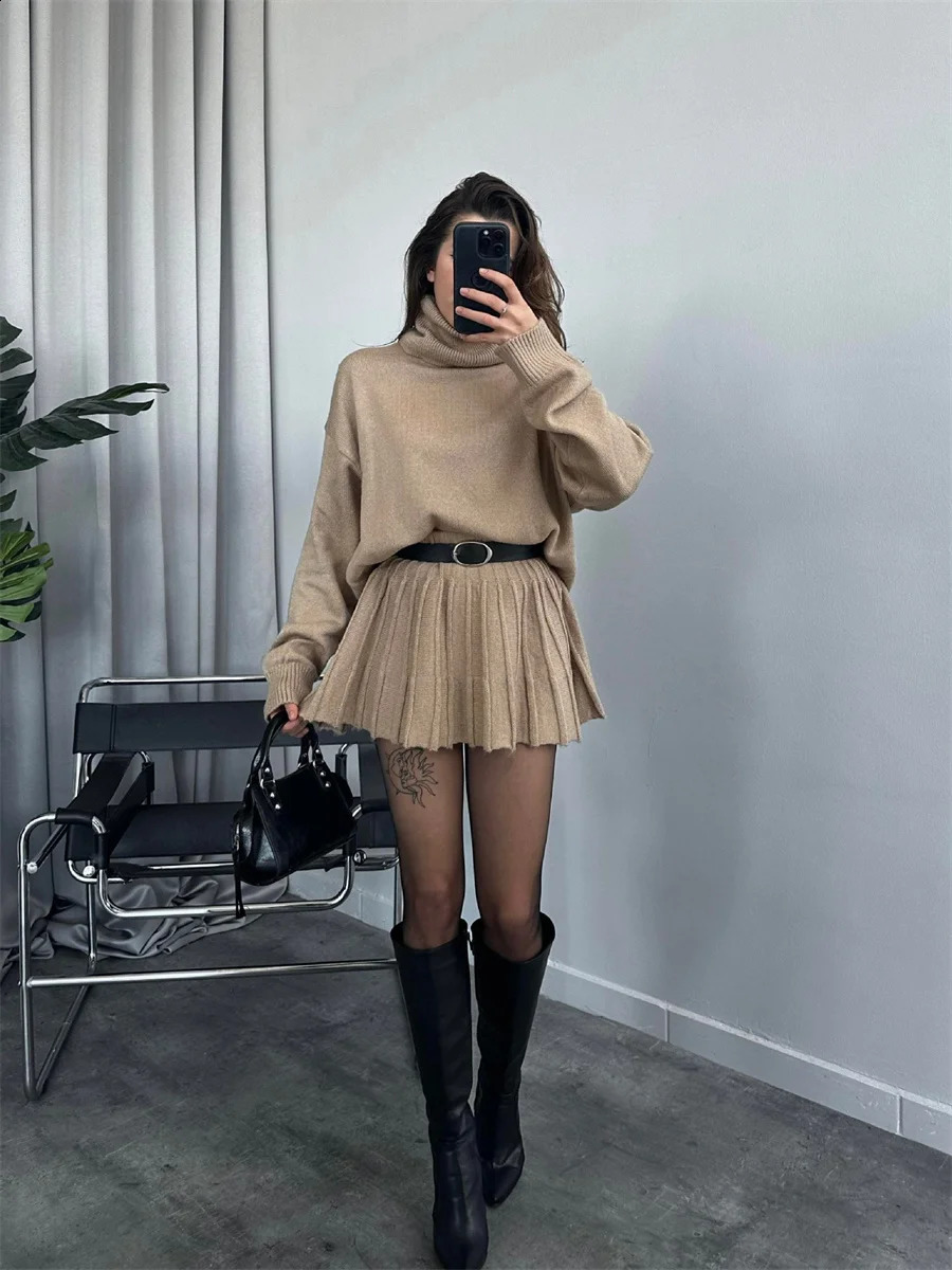Sweater Skirt Sets For Women 2 Pieces Knit Casual Versatile Long Sleeve Pullover Elegant Solid High Waist Mini Outfit 241220