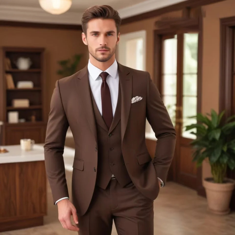 Dark Brown Suits for Men Fashion Single Breasted Solid Male Suit Business Casual Formal Wedding Party Tuxedo 3 Piece 241225