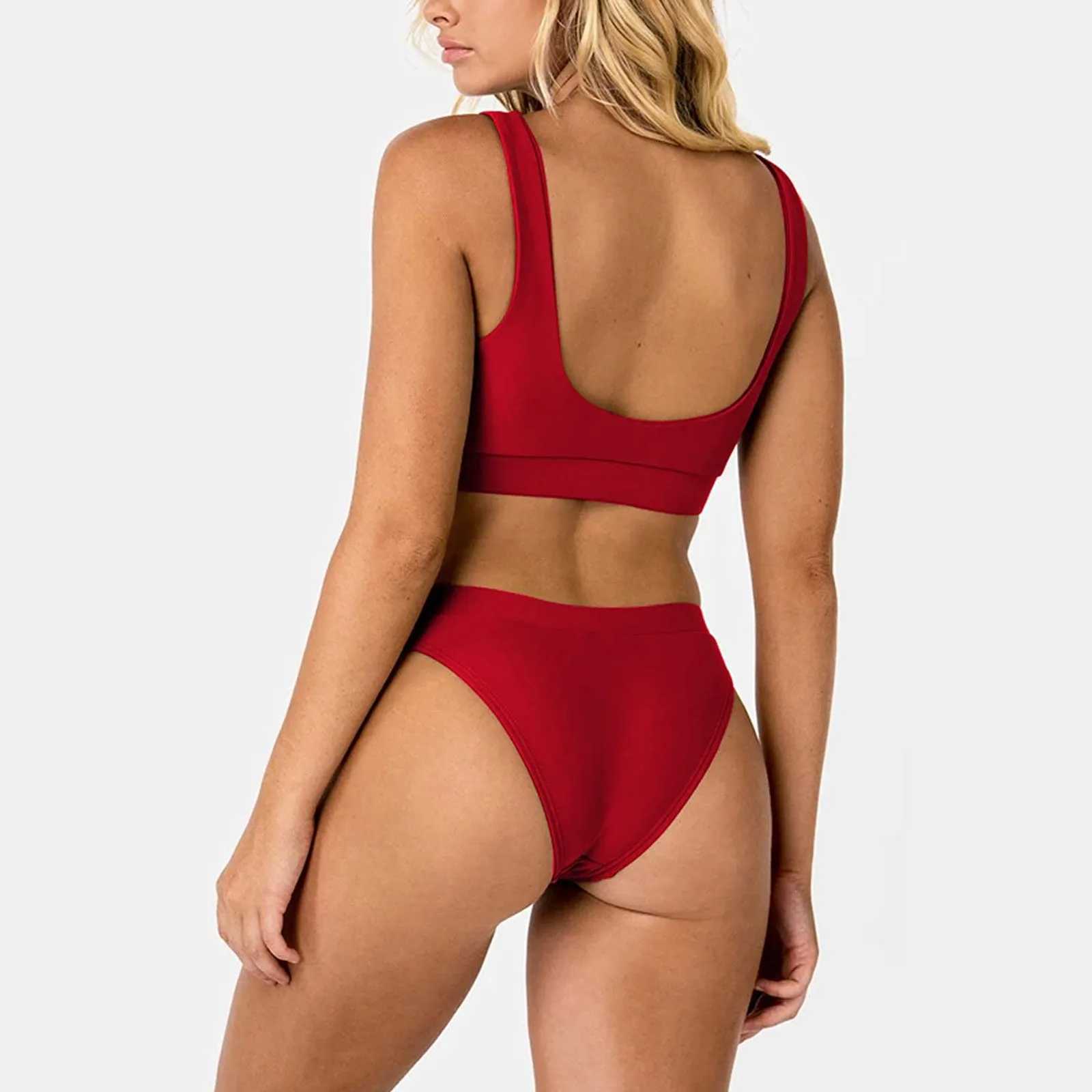 Solid color beach wear swimsuit tankinis set womens push up bikini set Padded Tank and High Waist short swimsuit two-piece setW241225