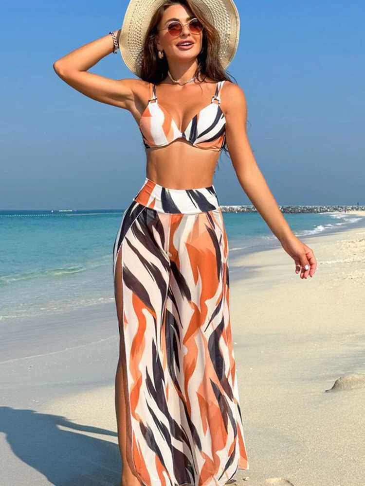 2024 new sexy three piece bikini swimsuit set suitable for womens swimsuits and high cut beach pants suitable for womens beach wearW241225