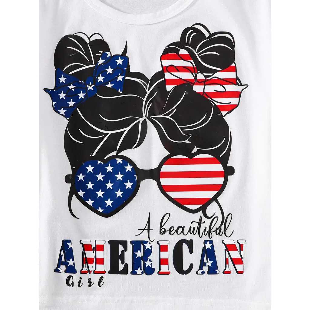 Clothing Sets 2PCS Summer Kids Girls Clothing Set Letter Printed Top+Independence Day Patterned Shorts Fashion Outfits for Children 4-7 YearsY241225VN