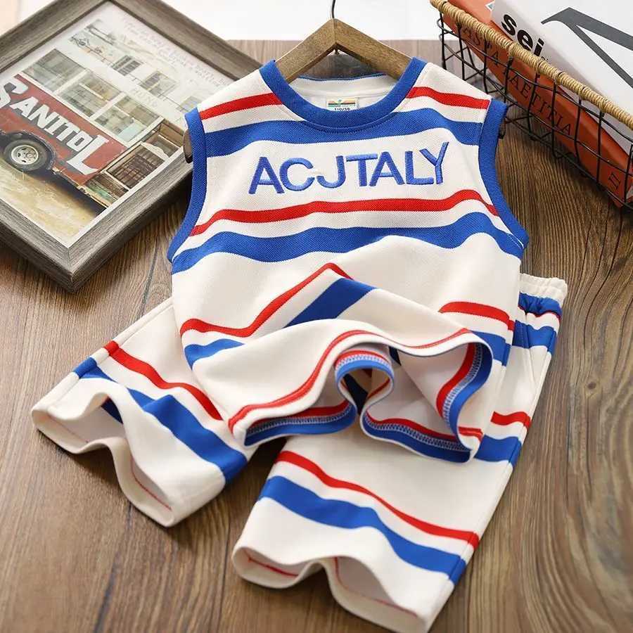 Clothing Sets Summer Children Boys Clothes Set Letter Print Short Sleeveless T-shirts and Shorts 2pcs Suit Teenage Striped Top Bottom OutfitsY241225M3