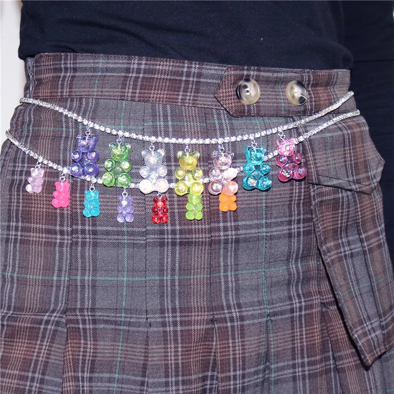 Y2K Punk Hip Hop Gummy Bear Rhinestone Chain Women Girls Waist Pants Chain Jeans Long Crystal Keychain Jewelry Harajuku 241225