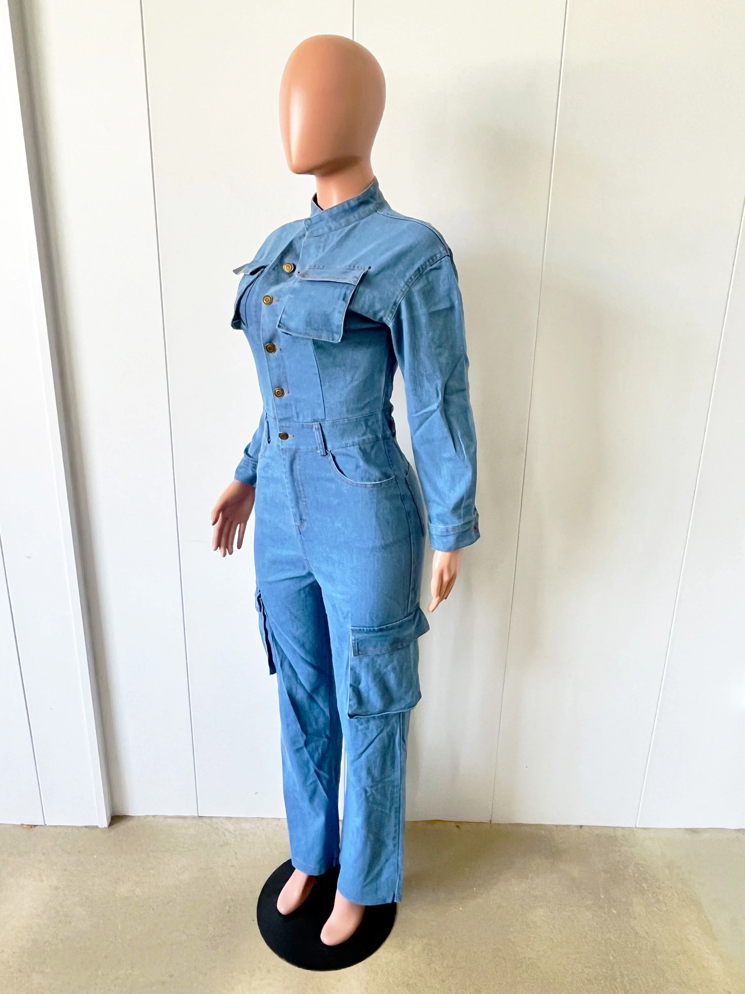 Multi Pockets Stretch Jeans Cargo Jumpsuit Sexy Women Turn Down Collar Elegant Denim Casual Romper Overalls 241224
