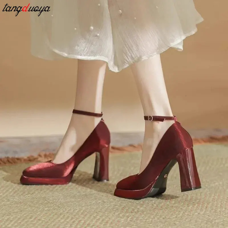 Platform high heels women chunky heels Mary Jane shoes Elegant satin square head Wedding shoes women Ankle buckle single shoes 241225