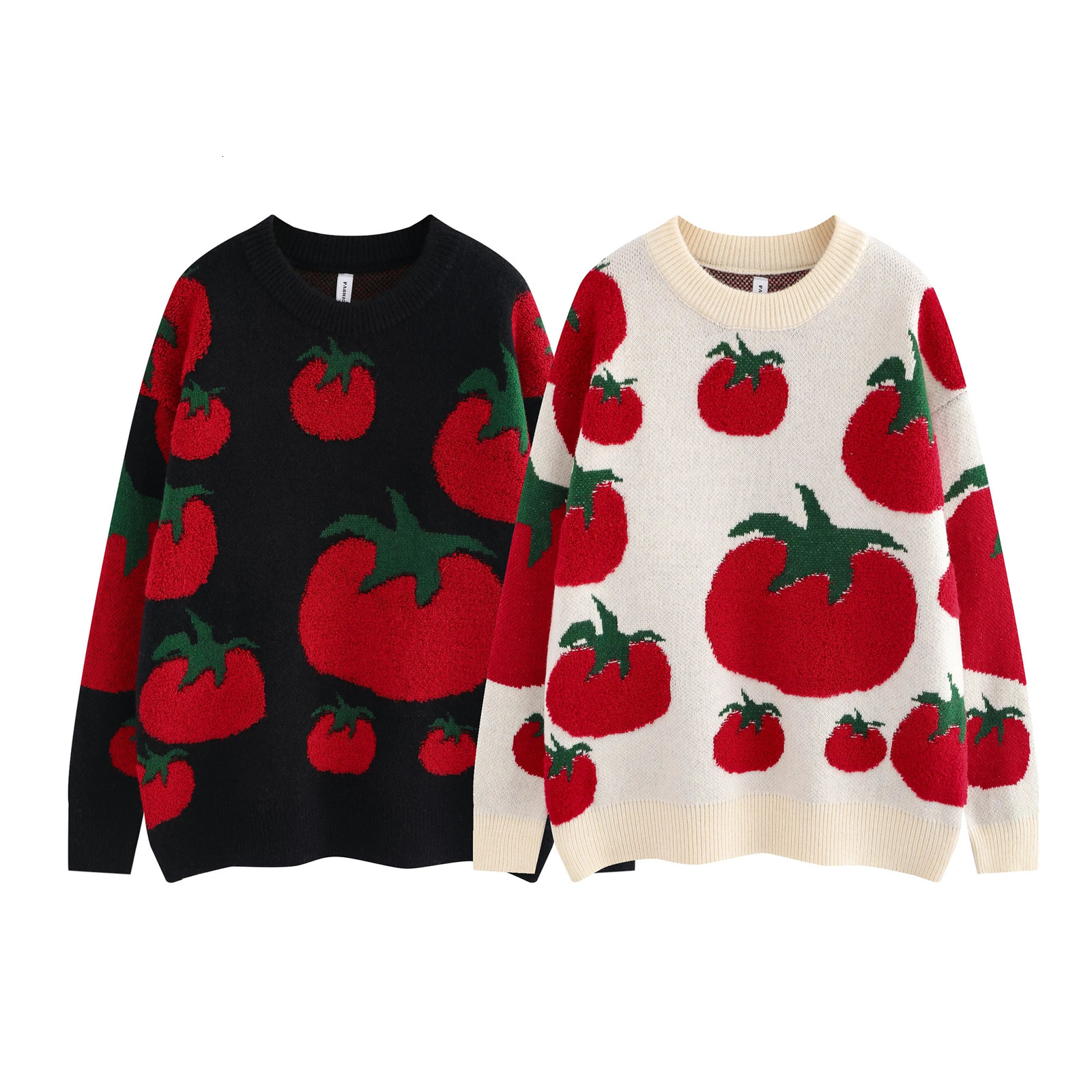 Japanese Fashion Knitwears Y2k Autumn and Winter Tomato Embroidery Knitted Sweater Mens Round Neck Cartoon Jumpers 241225