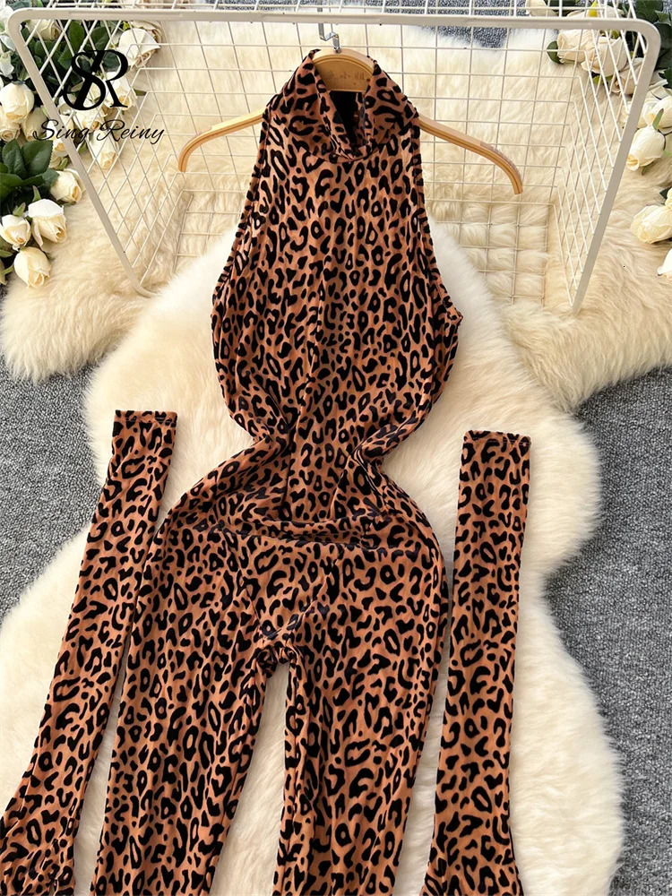 SINGREINY Fashion Leopard Print Sexy Jumpsuits Ladies Stand Collar Long Gloves Korean Streetwear Sheath Flocking Playsuits 241225