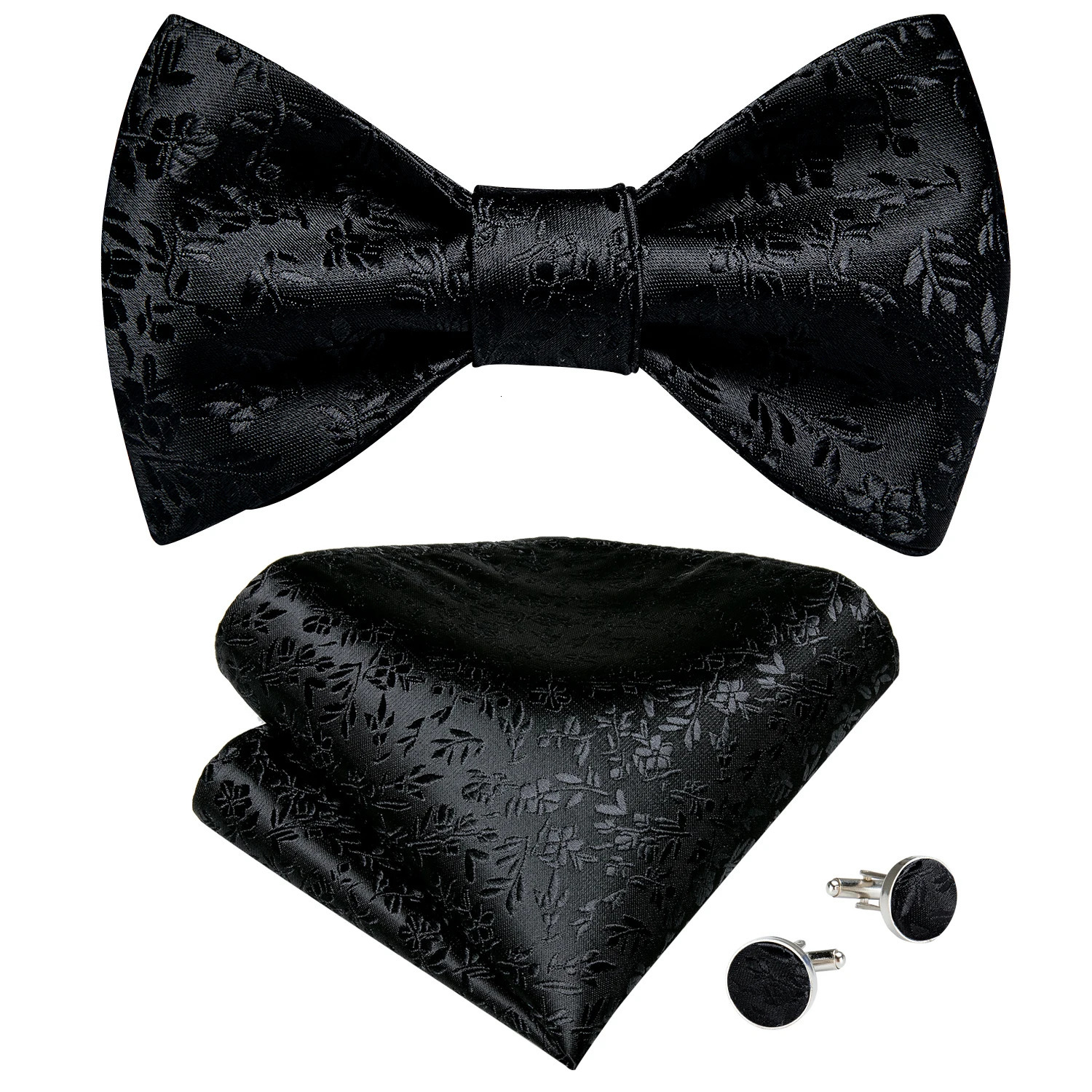 Black Floral Solid Self Tie Bow Tie Men Fashion Butterfly Silk Formal Business Wedding Party Bowtie Handkerchief Set DiBanGu 241225
