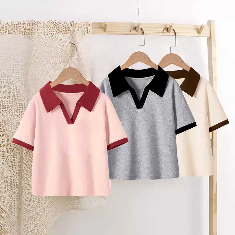 Girls polo shirt top Summer 2024 hot girl baby childrens T-shirt lapel short-sleeved T-shirt solid color V-neck top 1-10 yearsXJ241225