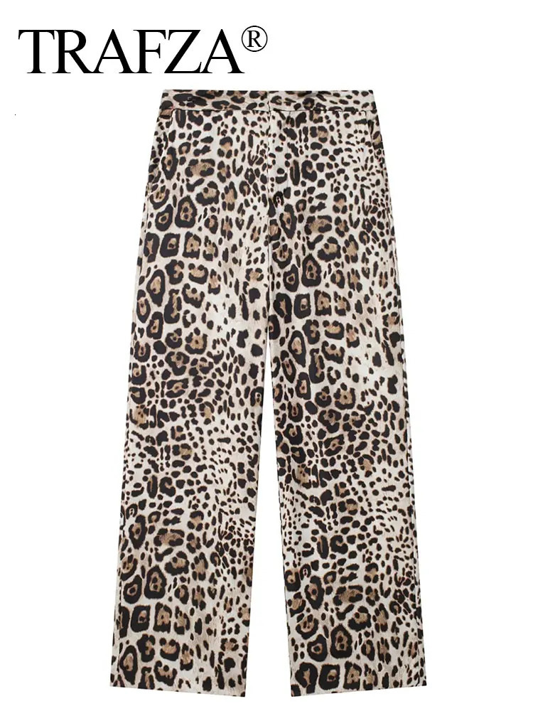 TRAFZA Leopard Print Pant For Women Vintage High Waist Loose Casual Zipper Fly Trousers Woman Fashion Straight Pants TRAF 241220
