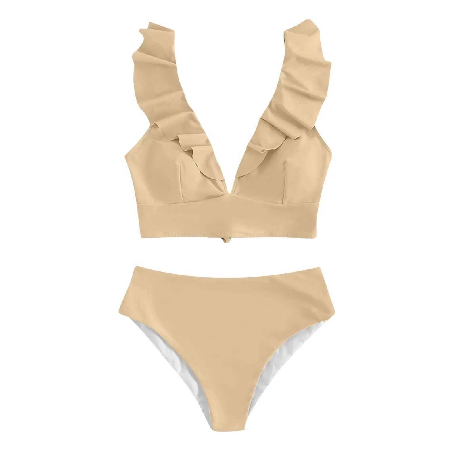 Womens summer swimsuit ruffled V-neck split swimsuit high waist split bikini womens swimsuit beach swimsuitW241225