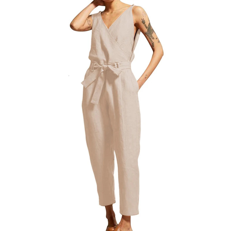 Elegant Causal Solid Color VNeck Sleeveless Women Jumpsuit Comfort Cotton Linen Drawstring Lace Up Waist Straight Leg 241225