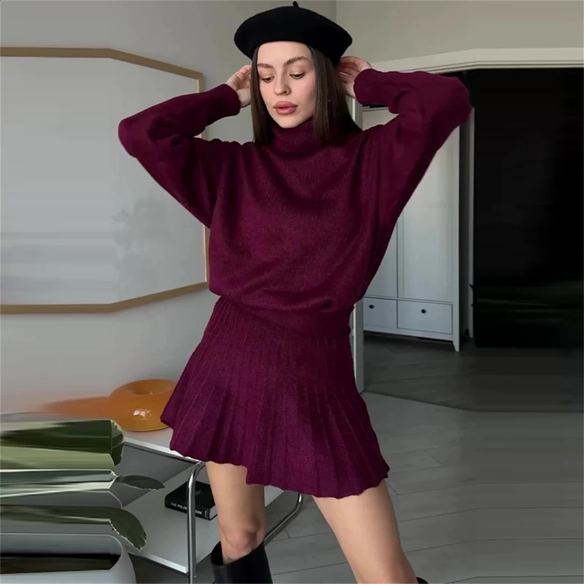 Sweater Skirt Sets For Women 2 Pieces Knit Casual Versatile Long Sleeve Pullover Elegant Solid High Waist Mini Outfit 241220