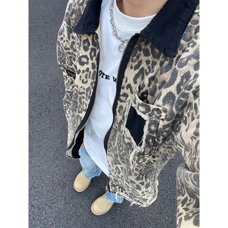 American leopard print handsome high street hip-hop zipper denim jackets women Y2K autumn winter trendy aesthetic couple jackets 241223