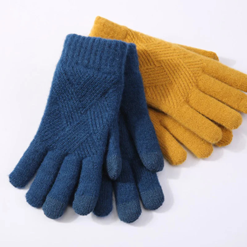 Female Winter Warm Knitted Full Finger Gloves Men Solid Woolen Touch Screen Mittens Women Thick Warm Cycling Driving Gloves H 241225