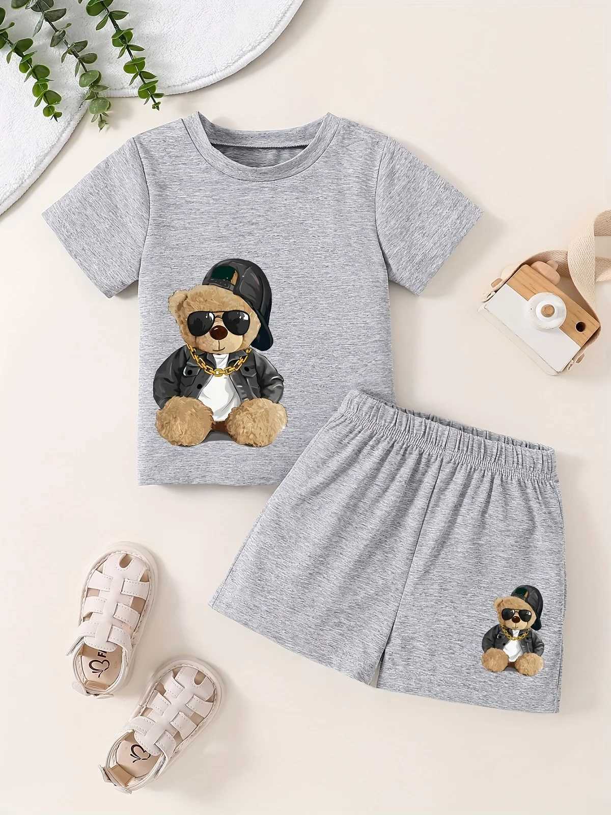 Clothing Sets Summer Baby Girls Clothes Set Children Boy Bear Print Short Sleeve T-shirts and Shorts 2pc Suit Kid Top Buttom Outfits TracksuitY241225B
