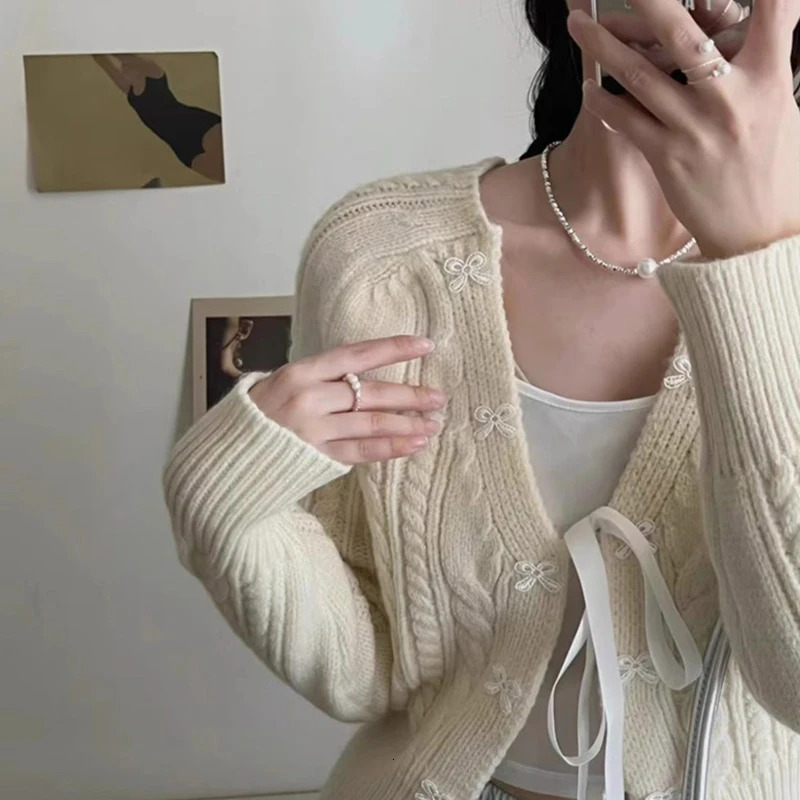 Sweet Bow Knit Cardigan Womens Fall Retro Niche n Sweater Jacket Tops 241225