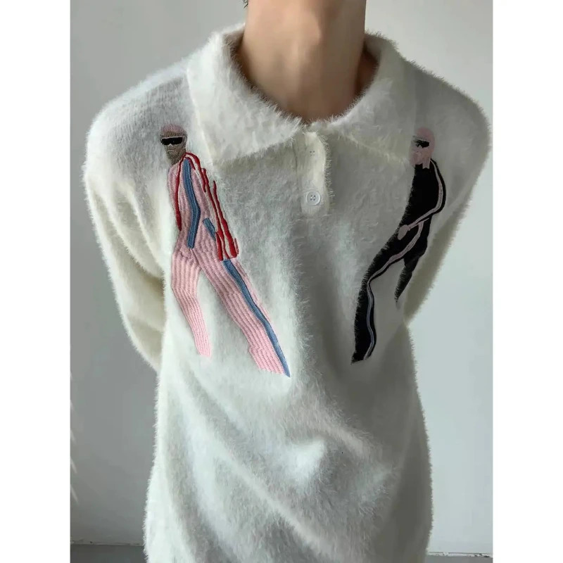 Lapel n jumper embroidered mink down sweater men winter comfortable loose y2k tight knit school style top 241225