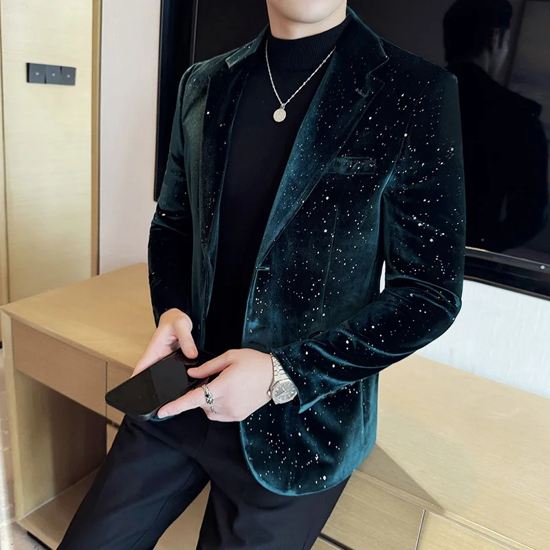 Autumn Velvet Jacket Mens Blazer Business Fashion Stamping Printed Suit Highquality y Dress 241225