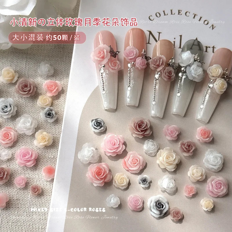 50PCS 3D Mix Sizes Beautiful Blossoming Rose Flowers Resin Adhesive Nail Art Rhinestones Decorations Manicure Kawaii Charms 241225