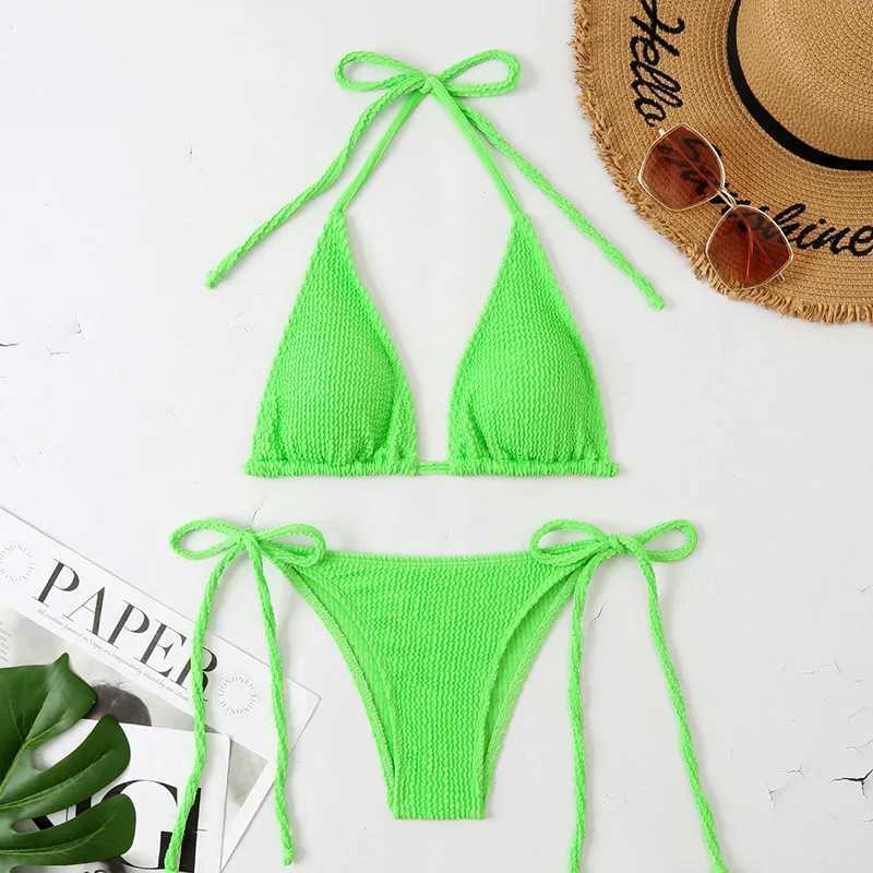 New sexy neon yellow thong bikini two-piece swimsuit womens swimsuit beach swimsuit Brazilian mini bikini 2025W241225