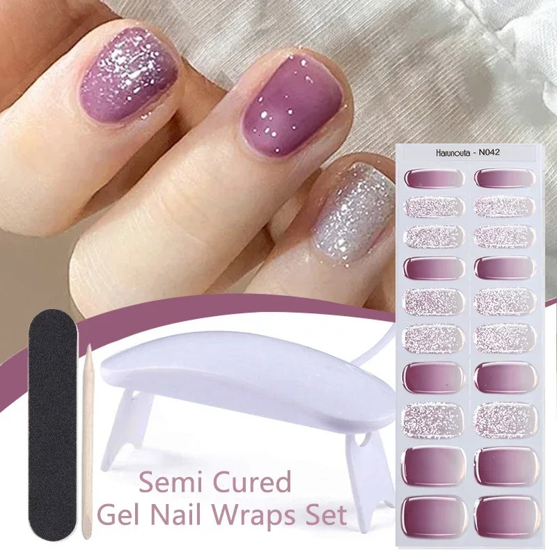 Harunouta 4pcs/set Gradient Jelly Semi Cured Gel Nail Strips with Nail Lamp Nude Pink Waterproof Nail Stickers Long Lasting Wrap 241225
