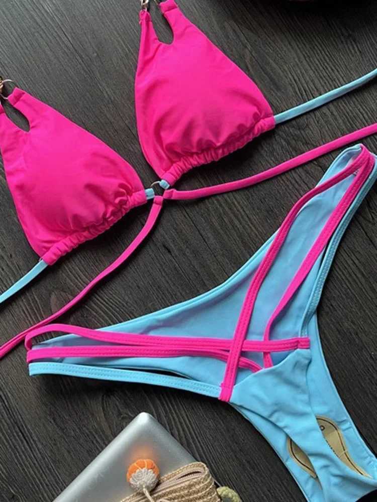 OIINAA swimsuit womens sexy suspender bikini set splicing work lace on yukata block color two pieces summer package BiquinisW241225