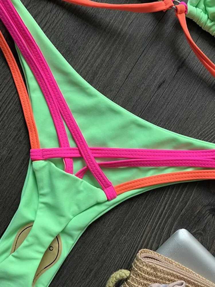 OIINAA swimsuit womens sexy suspender bikini set splicing work lace on yukata block color two pieces summer package BiquinisW241225