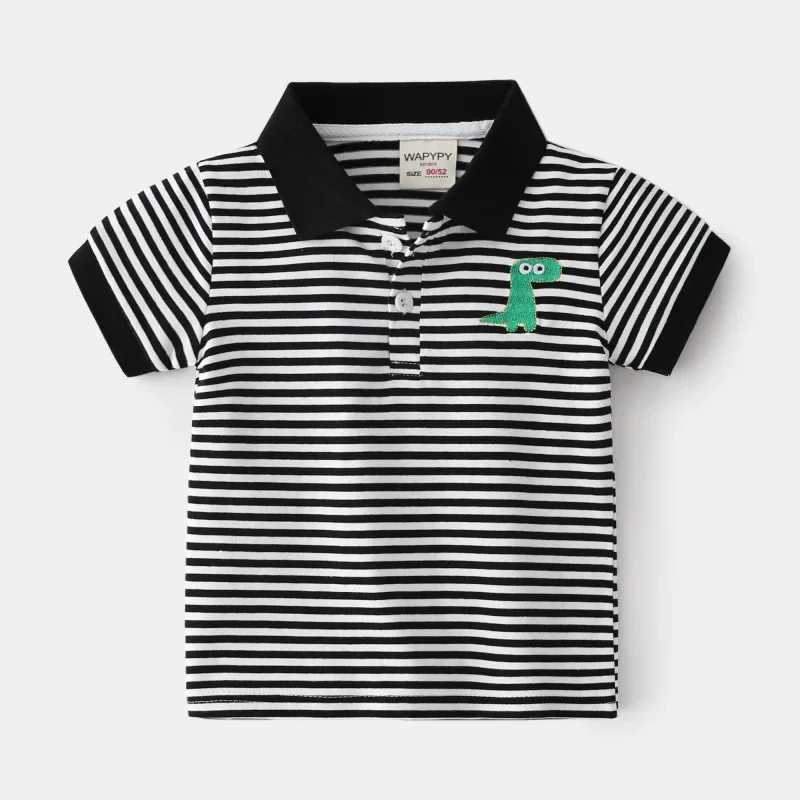 Kids Embroidered Dinosaur Short Sleeve T-shirt Summer Boys Loose Striped Polo Shirt Breathable Cotton for Ages 3-8XJ241225