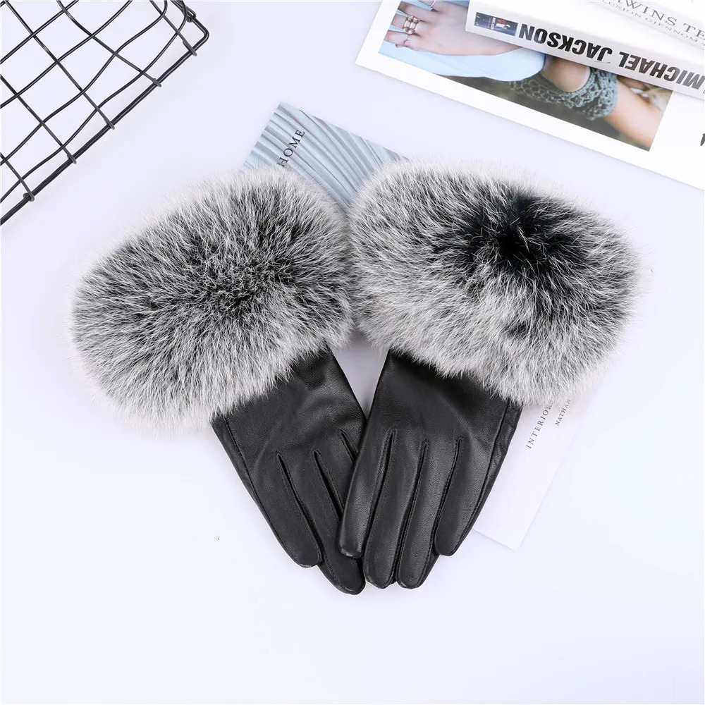 Sheepskin Natural Fox Fur Trimming Gloves Womens Genuine Leather Wrist Warmer Glove Winter Warm Fashion Mittens Fleece Lining 241225
