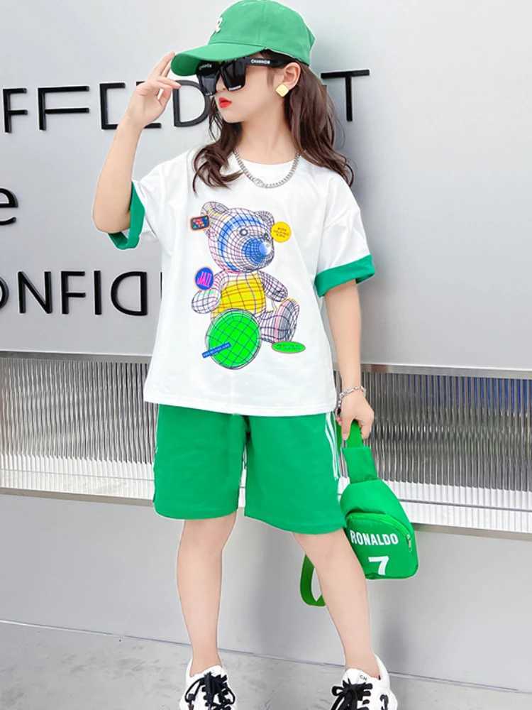 Clothing Sets Summer Children Boy Clothes Set Fashion Kid Girls Bear Printed Short Sleeve T-shirts and Shorts Suit Teenage Top Bottom OutfitY241225BYA