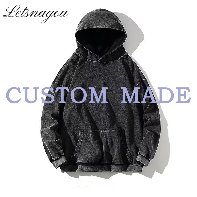 HAI Customizable Retro Washed Hoodies 100% Cotton Tops Black Acid Vintage Hooded Sweatshirts Oversize Hip Hop Male Pullover 241220