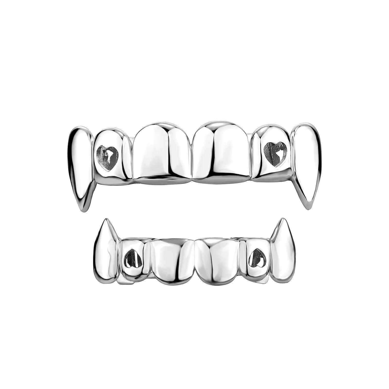 YOUNGX Gold Silver Color Hollow Heart Tooth Cs For Women Men Hip Hop Glossy Teeth Grills Fangs Jewelry Halloween GiftXJ241225