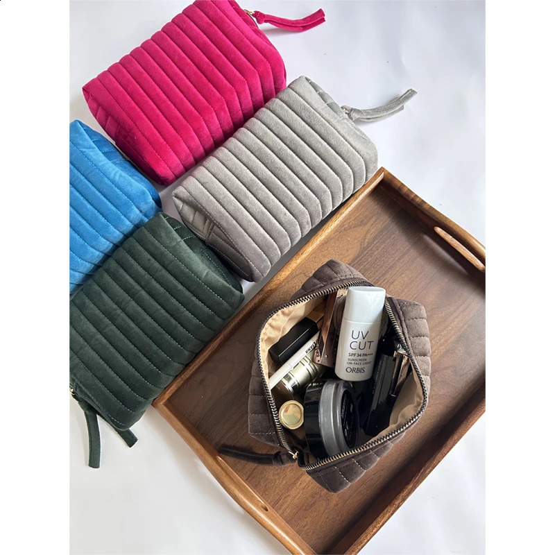 Soft Velvet Makeup Bag Cosmetics Zipper Stitching Striped Storage Bag Retro Portable Mini Toiletries Organizer 250221