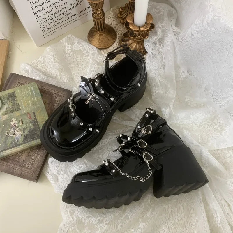Lolita Shoes for Women Punk Platform Pumps Japanese Patent Leather Mary Jane Shoes Black Goth Footwear 241225