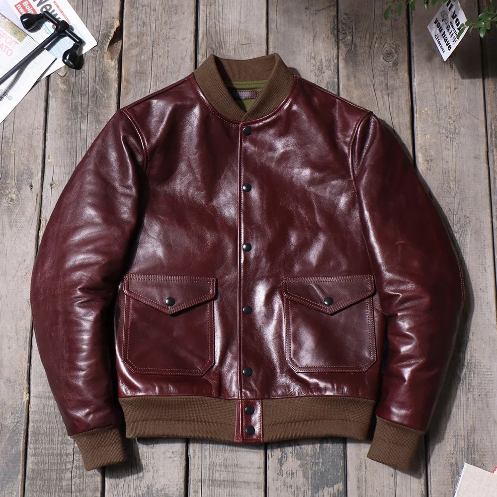 Wax denim retro A1 Flight jacket leather mens genuine leather motorcycle jacket red wine khaki American leather jacket 241224