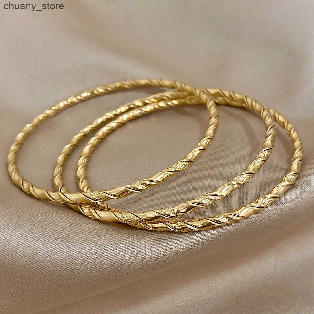 Chain 3pcs Gold Color Twist Stainless Steel Bangle Chic Classic Tibetan Buddha Golden Stacked Bangles For Women L240910