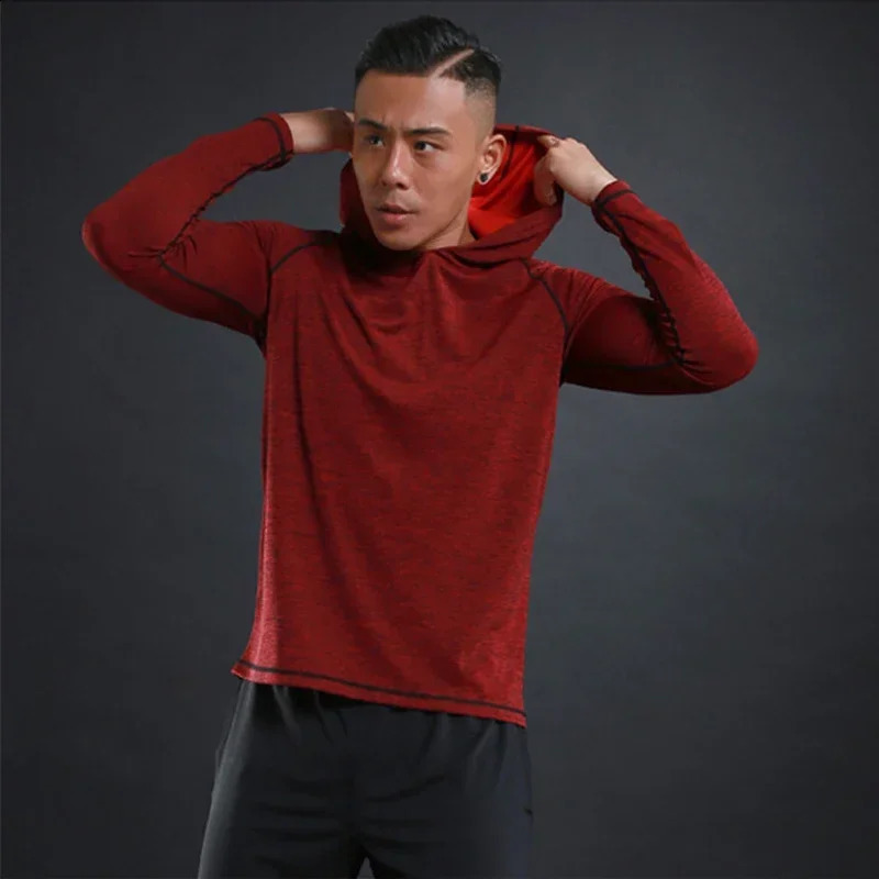 Men Elastic Running Tops Breathable Long Sleeve Gym t Shirt Male Casual Hooded tShirts Quick Dry Fitness Shirts Man Clothing 241223