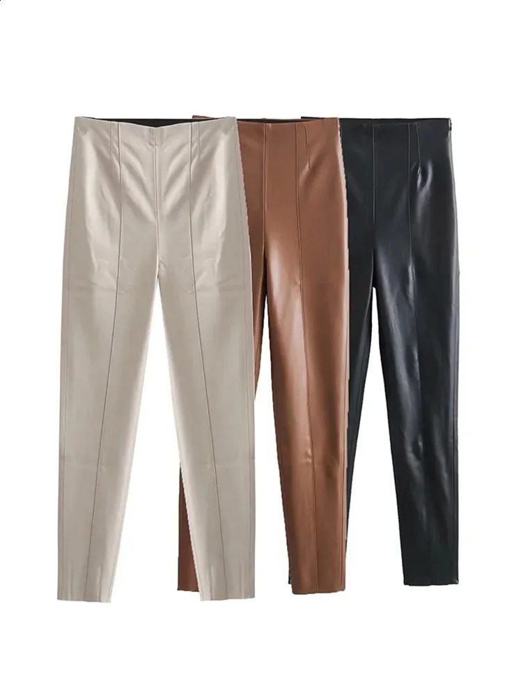 HH TRAF 2024 Womens Faux Leather Pants High Waist Straight Leg Trousers Fashion Female Streetwear Stylish Stretch Pencil 241223