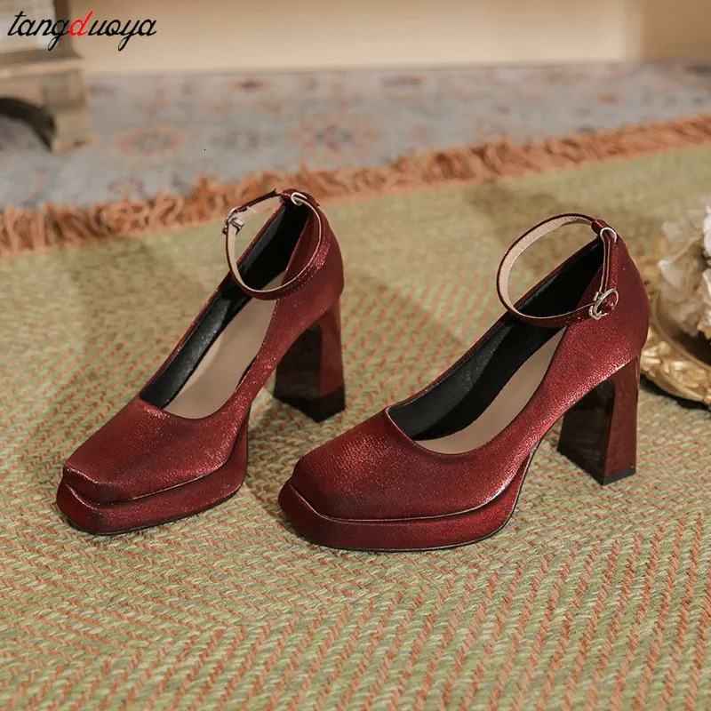 Platform high heels women chunky heels Mary Jane shoes Elegant satin square head Wedding shoes women Ankle buckle single shoes 241225